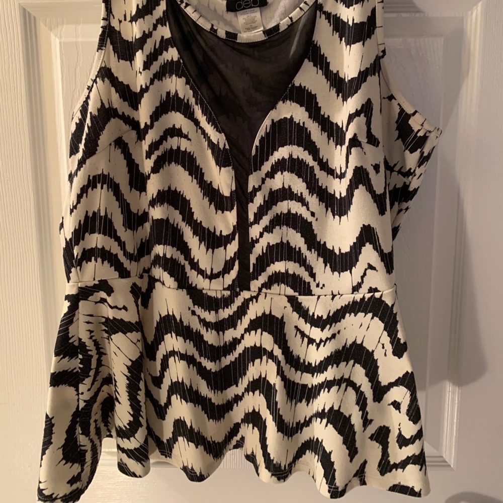 Black and white peplum tank, sheer V-neck